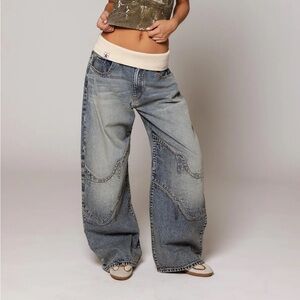 REVICE Light Blue Wide-Leg Denim Jeans with Cream Knit Waistband